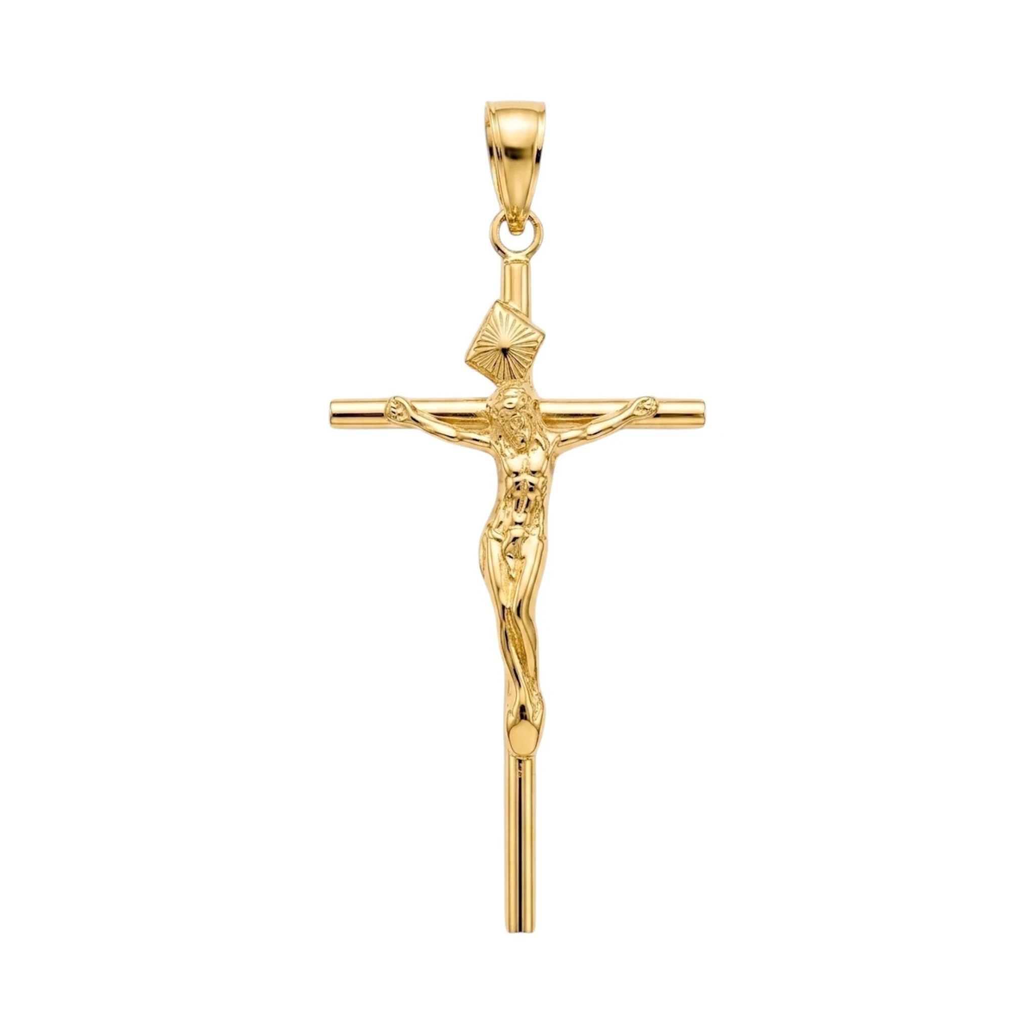 Medalha crucifixo Aurus Jóias em ouro amarelo 9k com 4cm de altura e acabamento polido brilhante